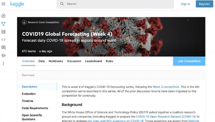 kaggleはデータサイエンティストの腕試しの場　<a href=\"https://www.kaggle.com/c/covid19-global-forecasting-week-4/overview\">kaggleサイト</a>より