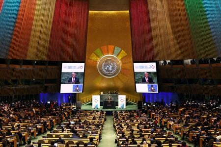 　9月１８日、 ニューヨークの国連本部で２０３０年までの達成を目指す「持続可能な開発目標（ＳＤＧｓ）」に関するサミットが開かれた。国連本部で撮影（２０２３年　ロイター/Mike Segar）