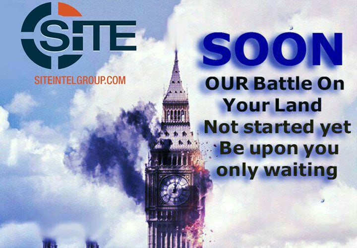 炎に包まれる英国会議事堂のビッグ・ベンと「襲撃するぞ」の脅し文句　SITEINTELGROUP.COM