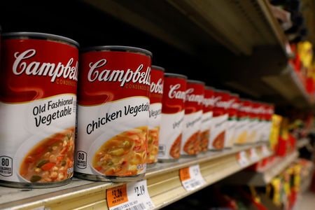　６月７日、米食品大手キャンベル・スープが発表した第３・四半期（２─４月）決算は、特殊要因を除いた１株利益が０．６８ドルと、リフィニティブがまとめたアナリスト予想平均の０．６４ドルを上回った。ニューヨークで２０１７年撮影（２０２３年　ロイター/Brendan McDermid）
