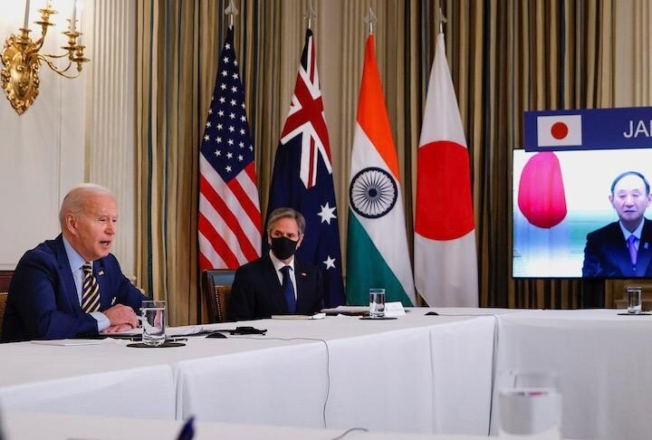 米日豪印「クアッド」によるオンライン首脳会談に参加するバイデン大統領　REUTERS/Tom Brenner
