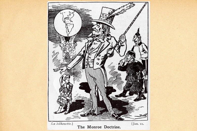 ヨーロッパとアメリカの「相互不干渉」を主張した外交原則は孤立主義ともいわれた（モンロー・ドクトリンを揶揄するイギリスのマンガ、1903年頃）　ILLUSTRATION BY HULTON ARCHIVE/GETTY IMAGES