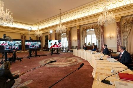Secretary of State Antony Blinken, speaks in the Benjamin Franklin room at the State Department, during a virtual meeting with Mexican Secretary of Economy Tatiana Clouthier, who is in Mexico City, in Washington, U.S. February 26, 2021. Manuel Balce Cenet