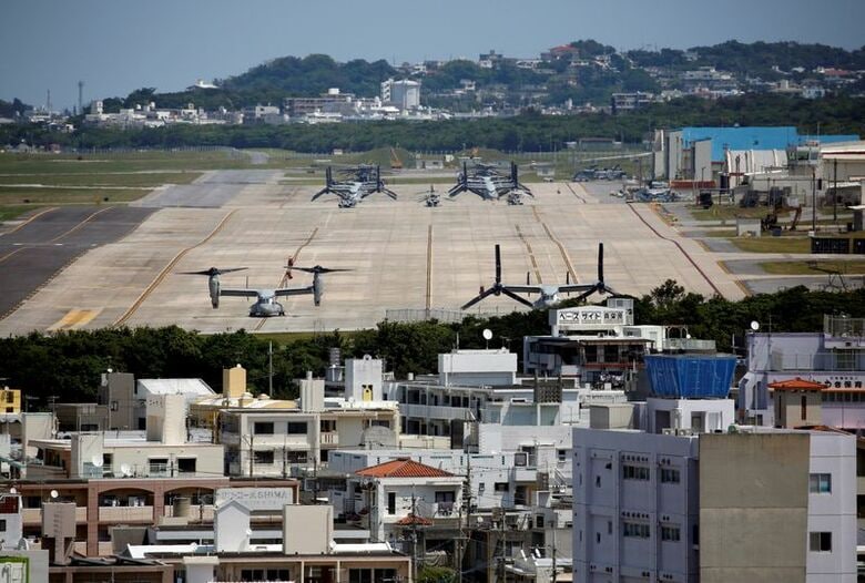 米海兵隊のＭＶ-２２オスプレイ。沖縄県宜野湾市の普天間飛行場で２０１８年３月撮影。REUTERS/Issei Kato