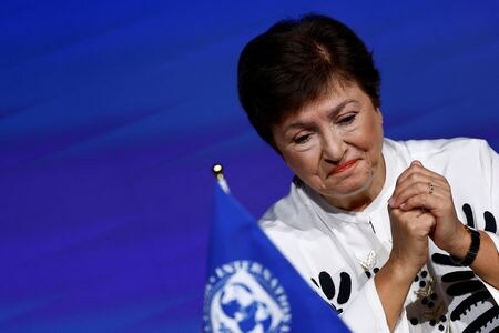 　１２月１１日、国際通貨基金（ＩＭＦ）理事会は、ウクライナへの１５６億ドルの融資プログラムから９億ドルを拠出することを承認した。写真はゲオルギエワ専務理事。モロッコ・マラケシュで１０月撮影（２０２３年　ロイター/Susana Vera）