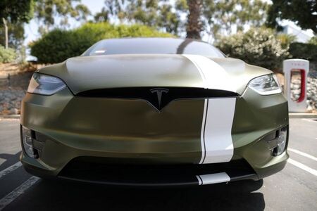 　７月２２日、米電気自動車（ＥＶ）メーカー、テスラのマスク最高経営責任者（ＣＥＯ）は、４─６月期決算発表後の電話会見で鉱業各社にニッケルの生産拡大を求めた。ニッケルはテスラのＥＶに使われる電池の主要材料。写真はテスラ社の電気自動車。７月９日、カリフォルニア州ロサンゼルスで撮影（２０２０年　ロイター/Lucy Nicholson）
