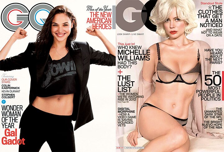 GQの表紙でへそを出したガドット（左）と下着姿のウィリアムズ　GQ