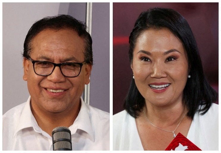 写真はロベルト・サンチェス元貿易・観光相（左）とケイコ・フジモリ氏（右）。5月31日、リマで撮影。REUTERS/Alessandro Cinque