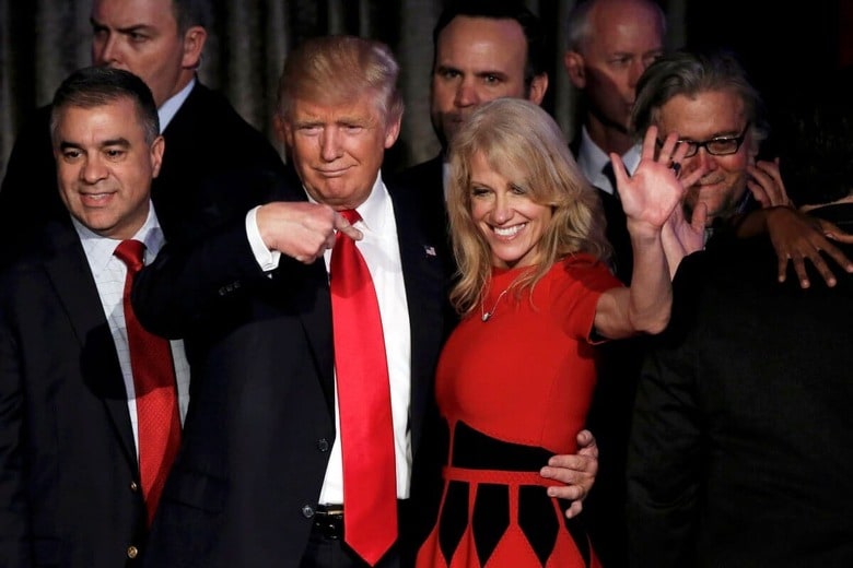 大統領選挙でドナルド・トランプの選挙対策本部長を務めて勝利に貢献したケリーアン・コンウェイ（2016年11月）　Mike Segar-Reuters