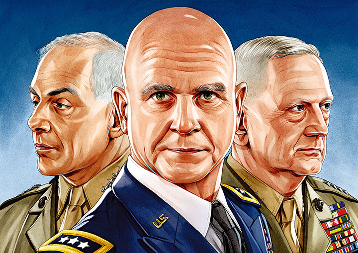 安定感あるケリー首席補佐官（左）、マクマスター大統領補佐官（中央）、マティス国防長官の3人　Illustration by Michael Hoeweler