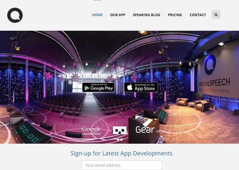 AndroidアプリとiOSアプリがあり、VirtualSpeechサイトによれば、サービスは無料～週50ユーロ。トレーニングできるバーチャル会場は、今のところ15人の会議室と400人の講演会場から選べ、さらに増えていく予定