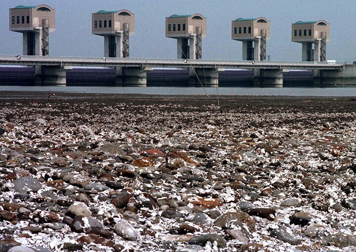 諫早干拓では97年に水門が閉じられ、諫早湾の広大な干潟が消滅した　STR New-REUTERS　