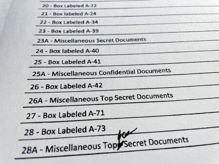 　８月１３日、トランプ前大統領のフロリダ州の邸宅「マールアラーゴ」から米連邦捜査局（ＦＢＩ）が機密文書を押収した件を巡り、米紙ニューヨーク・タイムズ（ＮＹＴ）は、トランプ氏の弁護士が６月に、マールアラーゴで保管されていた機密資料を全て政府に返却したとする文書に署名していたと伝えた。写真は押収された箱・書類のリスト。ウエストパームビーチで１２日撮影（２０２２年　ロイター/Jim Bourg）