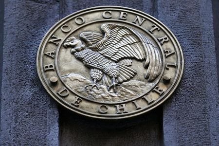 　４月１７日、チリ中央銀行は、金融政策決定会合（２日開催）の議事要旨を公表し、利下げ幅を７５ベーシスポイント（ｂｐ）とするか、１００ｂｐとするかの２案を検討していたことを明らかにした。写真は同中銀のロゴ。チリのサンティアゴで２０１４年８月撮影（２０２４　ロイター／Ivan Alvarado）