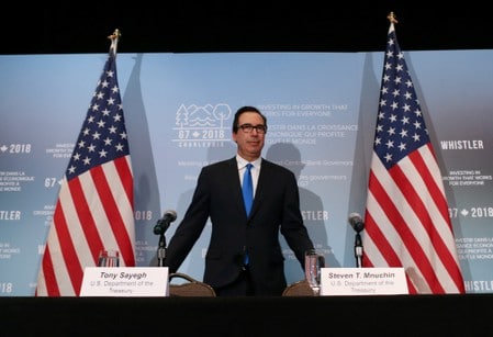 　６月２日、ムニューシン米財務長官は、今週末に北京で行われている米中通商協議について、中国による米製品の輸入拡大に加え、中国経済に構造変化をもたらすことを目指すと述べた。写真はカナダのウィスラーで撮影（２０１８年　ロイター／Ben Nelms）