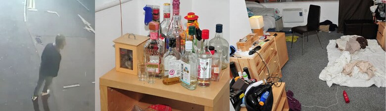 イギリスの法律史上最悪のレイプ犯レイナード・シナガの被害者は全員男性だった。（左から）報道されたシナガの映像、自宅に常備されていた大量の酒、寝床　HANDOUT.ーREUTERS