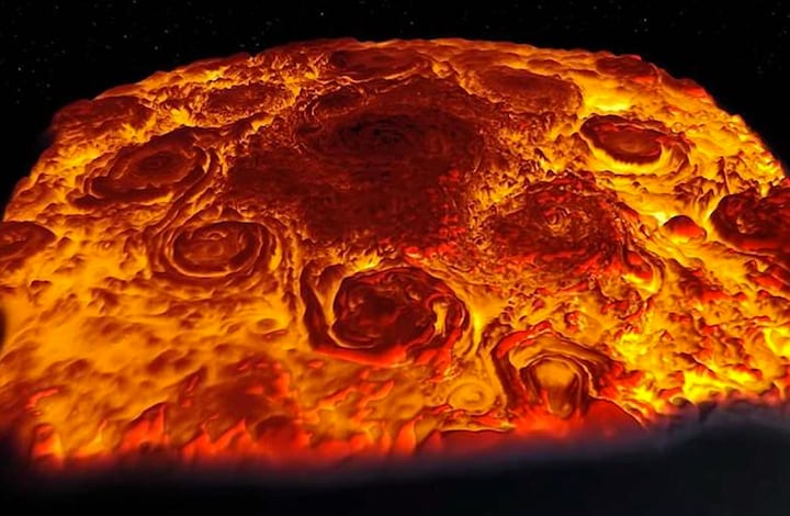 赤外線オーロラマッピング装置で収集した木星の北極のデータをもとに再現　NASA/JPL