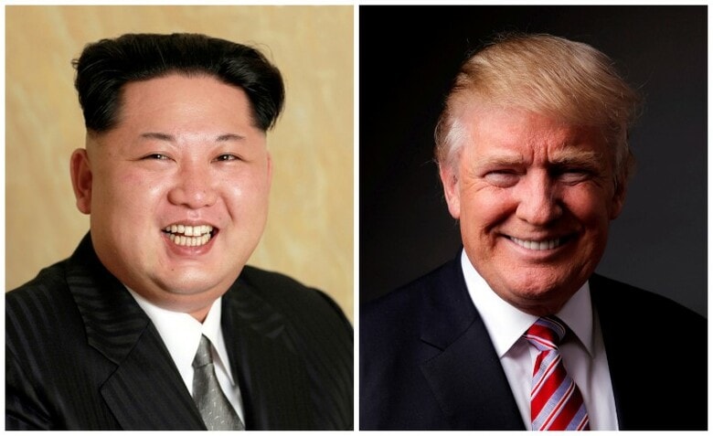 ５月１０日、トランプ米大統領（右）は米朝首脳会談を６月１２日にシンガポールで開催すると明らかにした。左は金正恩・朝鮮労働党委員長。左は朝鮮中央通信が２０１６年５月に配信、右はニューヨークで２０１６年５月撮影（２０１８年　ロイター/ＫＣＮＡ/Lucas Jackson）
