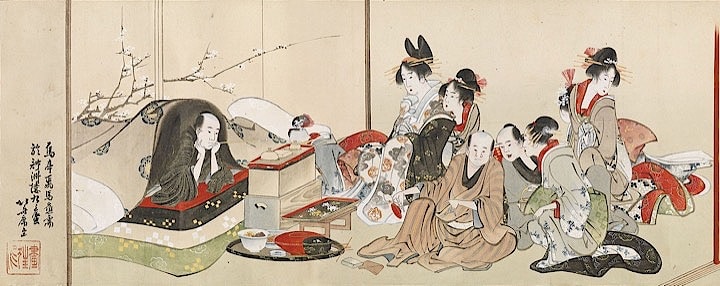 葛飾北斎　《隅田川両岸景色図巻（部分：吉原室内）》　すみだ北斎美術館蔵　隅田川に遊んだ後は吉原の華やかな廓の風景が。さりげなく施された金彩も美しい絵巻のエンディング・シーンです。