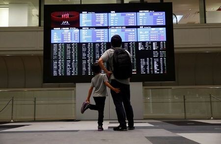 東京株式市場で日経平均株価は続落。小反発でスタートしたものの、利益確定売りが優勢となり、マイナス圏に沈んだ。（２０１８年１０月１１日に撮影、ロイター／Issei Kato）