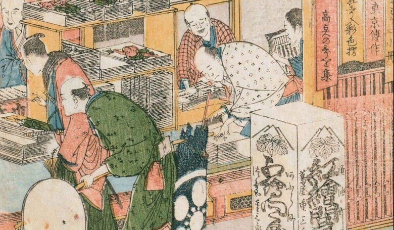 『画本東都遊』浅草庵作・葛飾北斎作 1802（享和2）年 国立国会図書館蔵。蔦屋重三郎の書店「耕書堂」の店先を描いたもの。 初代・蔦重の死後、葛飾北斎によって描かれたものの彩色版。