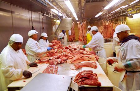 インドは米産豚肉と豚肉製品の輸入受け入れで合意した。写真は米シカゴの加工工場、２０１５年７月撮影（２０２２年　ロイター／Karl Plume）