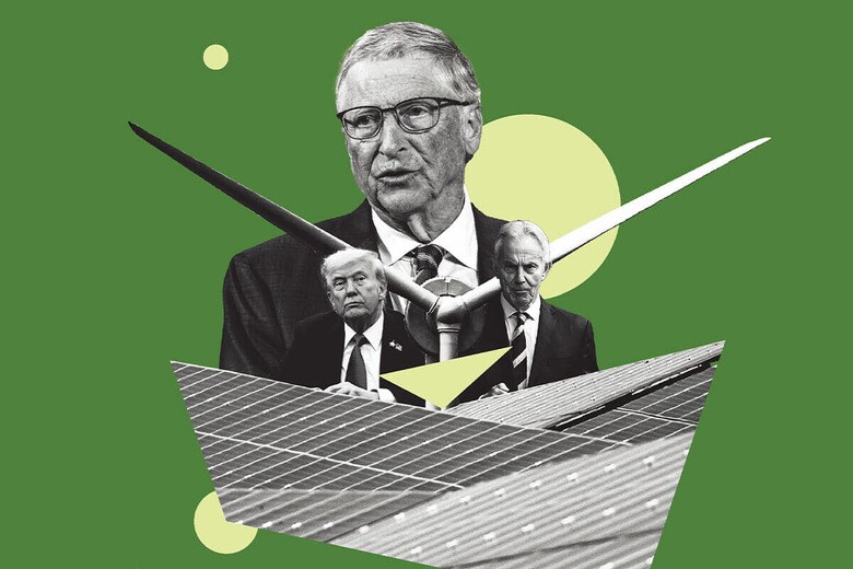 ゲイツ（上）やブレア（右）など影響力のある人物の「提言」にトランプ（左）はご満悦だが　PHOTO ILLUSTRATION BY NEWSWEEK, CHRISTOPHE VISEUXーCOP28／GETTY IMAGES (GATES),ANNA MONEYMAKER／GETTY IMAGES (TRUMP), LEON NEAL／GETTY IMAGES (BLAIR),CHRISTOPHER FURLONG／GETTY IMAGES (SOLAR FARM)