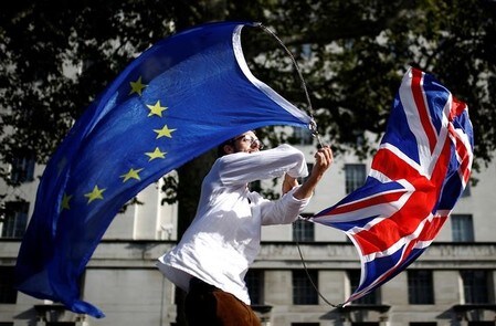 　１０月１９日、英下院は１９日、ジョンソン首相が欧州連合（ＥＵ）と合意した新たな離脱案の採決について、関連法案が成立するまで先送りするとの動議を３２２対３０６の賛成多数で決議した。写真は旗を振るＥＵ残留支持派。１０月１９日、ロンドンで撮影（２０１９年　ロイター/Henry Nicholls）