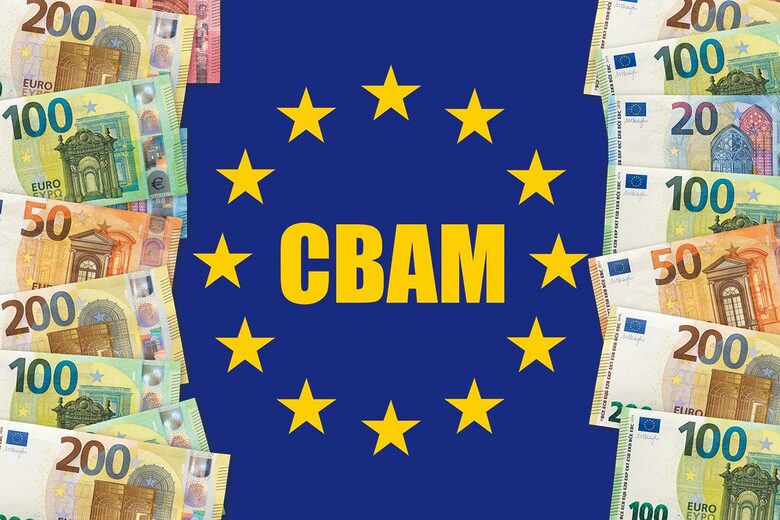 Euro note isolated on a EU flag with word CBAM or Carbon Border Adjustment Mechanism
