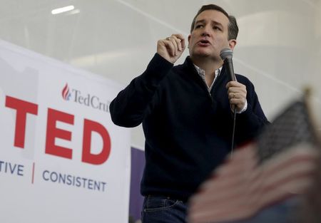 　２月１日、米大統領選で民主・共和両党の候補指名争いの初戦となる中西部アイオワ州党員集会が開かれ、共和党ではテッド・クルーズ上院議員（写真）が、優勢が伝えられていた不動産王ドナルド・トランプ氏を破った。アイオワ州ジェファーソンで撮影（２０１６年　ロイター／Jim Young）