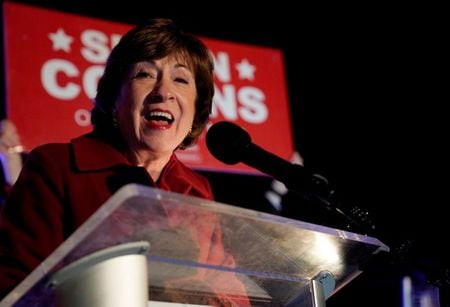 １１月４日、米大統領選と同時に実施された上院選では、共和党が多数派を維持する見通しとなっている。メーン州で、共和党現職のスーザン・コリンズ氏（写真）が、民主党のサラ・ギディオン氏に予想外に勝利した。メーン州バンゴーの選対本部で撮影（２０２０年　ロイター/Elizabeth Frantz）