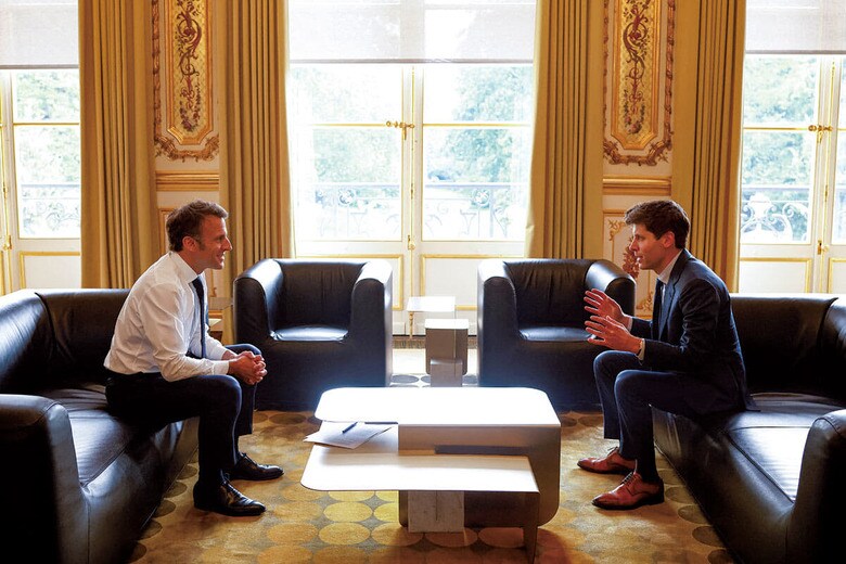 アルトマンCEOはマクロン仏大統領ら世界各国で首脳と会談してきた（パリ、5月23日）　YOAN VALATｰPOOLｰREUTERS