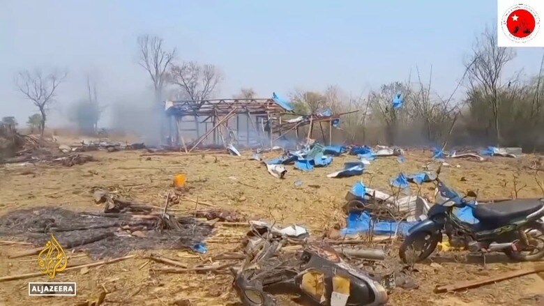 ミャンマー国軍の空爆を受け破壊された民主派「国民防衛隊（PDF）」の事務所　Al Jazeera English / YouTube