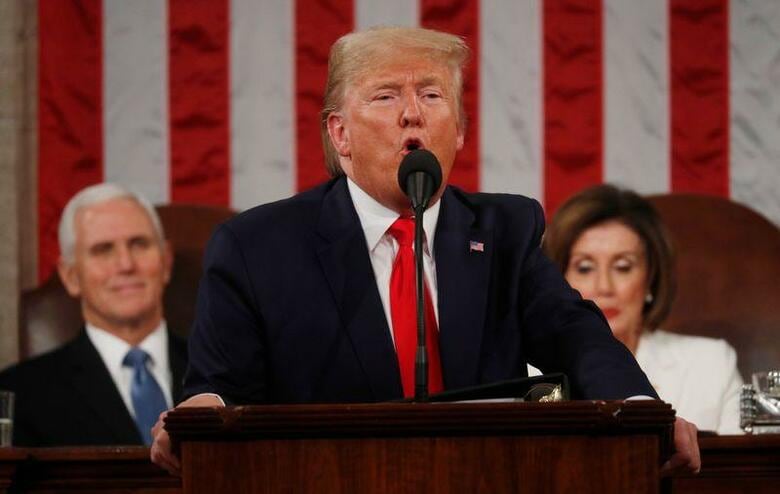 トランプ米大統領（写真）は、上下両院合同会議で今後1年の施政方針を示す一般教書演説を行った。写真はワシントンでの代表撮影（2020年／ロイター）