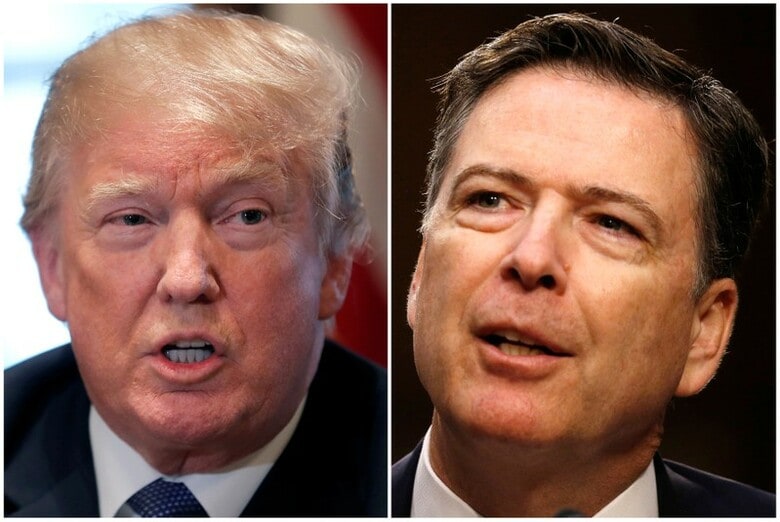 ４月１５日、米連邦捜査局（ＦＢＩ）前長官のジェームズ・コミー氏は放送されたＡＢＣニュースのインタビュー番組で、トランプ大統領について、危険かつ「道徳的に不適格」な指導者であり、組織や文化の規範を「大きく損なっている」と指摘した。写真はコミー氏（右）と同大統領（左）。ともにワシントンで撮影（２０１８年　ロイター／Jonathan Ernst, Carlos Barria）