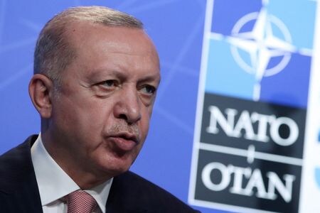 トルコのエルドアン大統領は１３日、フィンランドとスウェーデンの北欧２カ国が北大西洋条約機構（ＮＡＴＯ）加盟に前向きな姿勢を示していることを巡り、トルコとしては支持できないとの見解を示した。２０２１年６月撮影（２０２２年　ロイター/Yves Herman/Pool/File Photo）