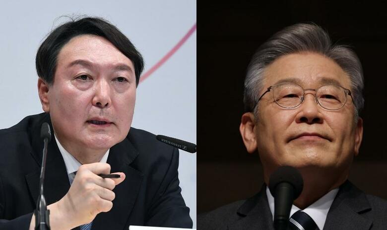 与党「共に民主党」の李在明候補(写真・右）と保守系野党「国民の力」の尹錫悦候補(写真・左）の一騎打ちとみられていたが（Kim Min-Hee，Kim Hong-JiPool/REUTERS）