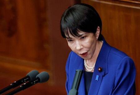 国会で初の所信表明演説の臨む高市早苗首相。１０月２４日、東京で撮影（２０２５年　ロイター/Kim Kyung-Hoon）