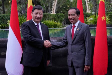 中国の習近平国家主席（左）とインドネシアのジョコ・ウィドド大統領（右）は１６日、インドネシアのバリ島で公式会談を行い、新型コロナウイルスワクチンの開発協力の強化を約束した。写真はバリで１６日撮影（２０２２年　ロイター）