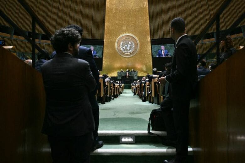 米ニューヨークの国連本部で開催された第８１回国連総会で演説するトランプ大統領。9月22日撮影。BRENDAN SMIALOWSKI/Pool via REUTERS
