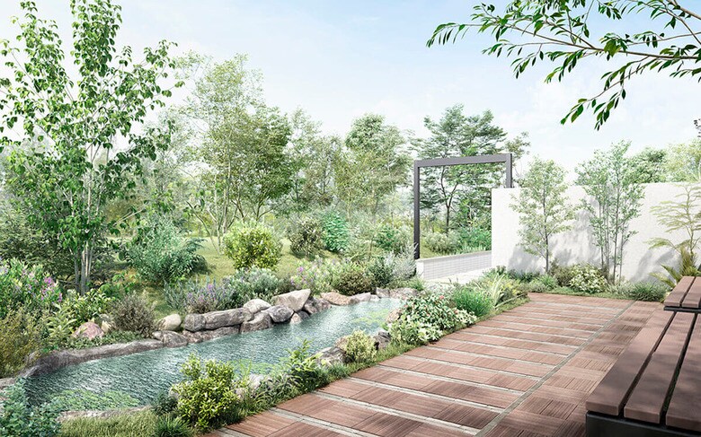 「revia」は、廃プラスチックや廃木材といったリサイクルが困難な廃棄物を原料とした素材で、歩道や園路などに使われる循環型素材だ