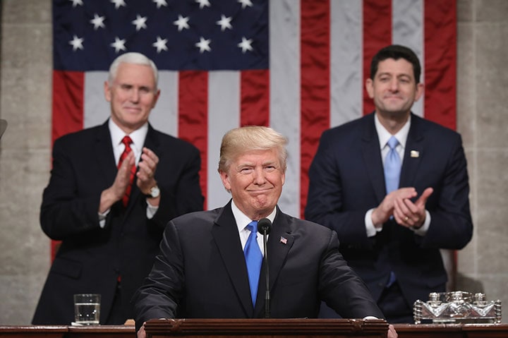 お馴染の暴言モードは今回の一般教書演説では封印　Win McNamee-REUTERS