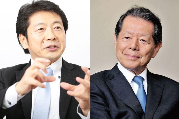 國井修グローバルファンド戦略投資効果局長（左）と船橋洋一アジア・パシフィック・イニシアティブ理事長（右）