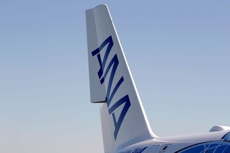 4月２６日、ＡＮＡホールディングスは航空機の運航により発生する二酸化炭素（ＣＯ２）排出量について、２０５０年度に実質ゼロを実現すると発表した。写真はANA機。２０１９年３月、仏トゥールーズ近郊で撮影（２０２１年　ロイター/Regis Duvignau）