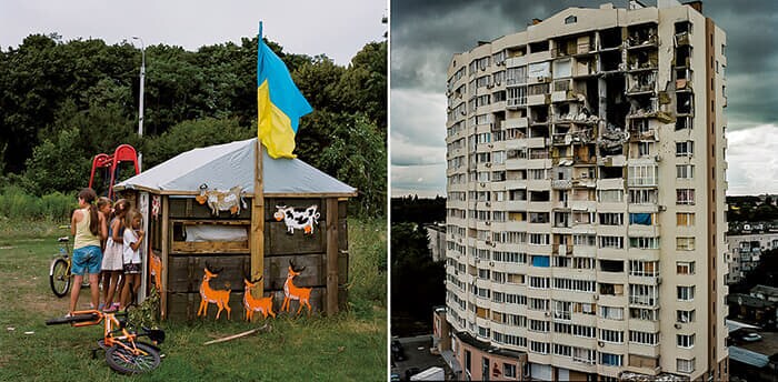 左：ロシア軍の放棄した武器倉庫を遊び場にする子供たち（北部チェルニヒウ、6月）／右：爆撃を受けて破壊されたアパート（チェルニヒウ、7月）