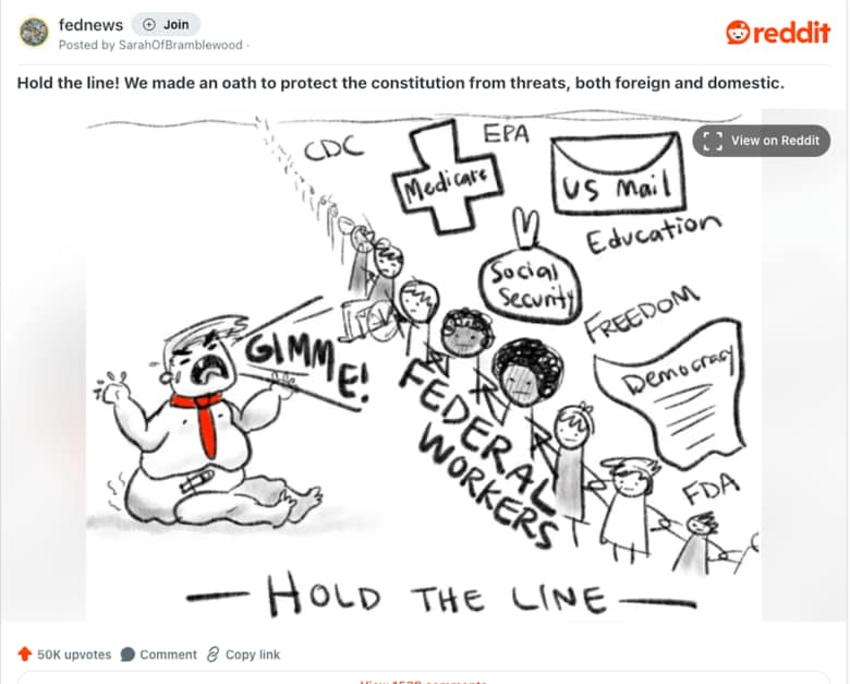 「我々はトランプから合衆国憲法を守る」── 連邦政府職員が匿名で集まるRedditに投稿されたイラスト　r/fednews/Reddit