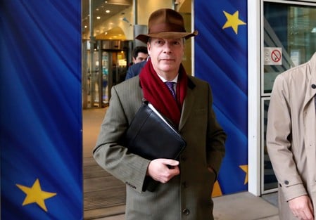 　１月１１日、メイ英首相の報道官は、首相が欧州連合（ＥＵ）加盟について２度目の国民投票を実施することはないと述べた。欧州議会のナイジェル・ファラージ議員（写真）は、２度目の国民投票を行えば「離脱派」が再び勝利し、この問題に関する論争に決着がつくと主張している。８日撮影（２０１８年　ロイター/Francois Lenoir）