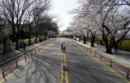 韓国政府は４日、新型コロナウイルスの感染リスクを抑えるために実施している「社会的距離の確保」の強化期間を２週間延長すると発表した。写真は４月１日、ソウルで撮影（２０２０年　ロイター/Kim Hong-Ji）