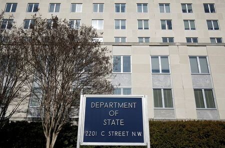　９月２７日、中国で３年間にわたって出国を禁止されていた米国籍の姉弟２人が２６日、米国に到着した。米国務省報道官が明らかにした。写真は米国務省。ワシントンで２０１７年１月撮影（２０２１年　ロイター／Joshua Roberts）