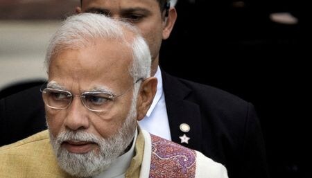 　２月２４日、インドのモディ首相（写真）は、持続不可能な債務によって多くの国で財政の存続が脅かされているとし、２０カ国・地域（Ｇ２０）財務相・中央銀行総裁会議に世界で最も脆弱な国の人々に焦点を当てるよう呼びかけた。写真はニューデリーで１月撮影（２０２３年　ロイター／Adnan Abidi）